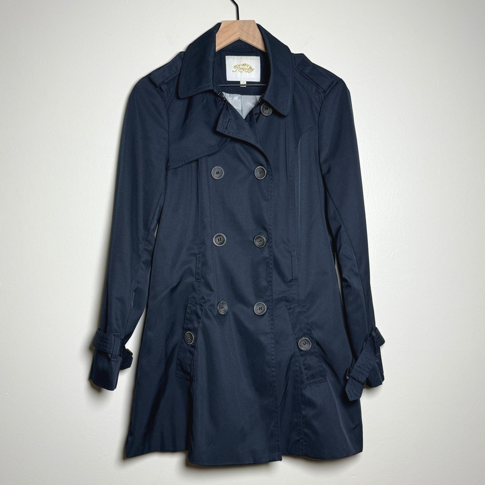 Royalty For Me Womens Trench Coat L Blue Double‎ Breasted Nautical Minimalist